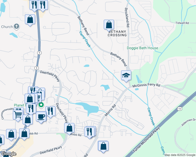 map of restaurants, bars, coffee shops, grocery stores, and more near 13546 Aventide Lane in Alpharetta