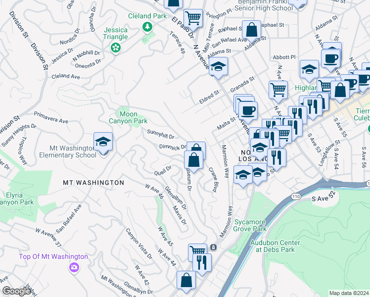 map of restaurants, bars, coffee shops, grocery stores, and more near 599 Dimmick Drive in Los Angeles
