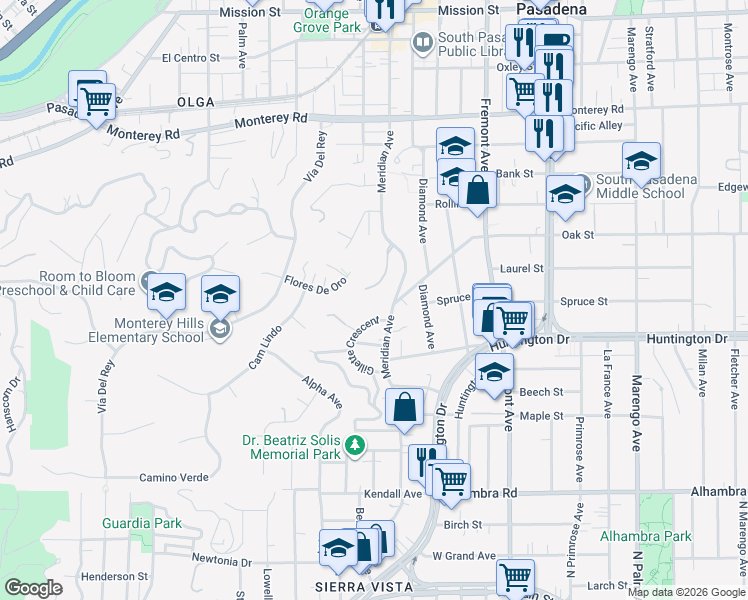 map of restaurants, bars, coffee shops, grocery stores, and more near 833 Braewood Court in South Pasadena