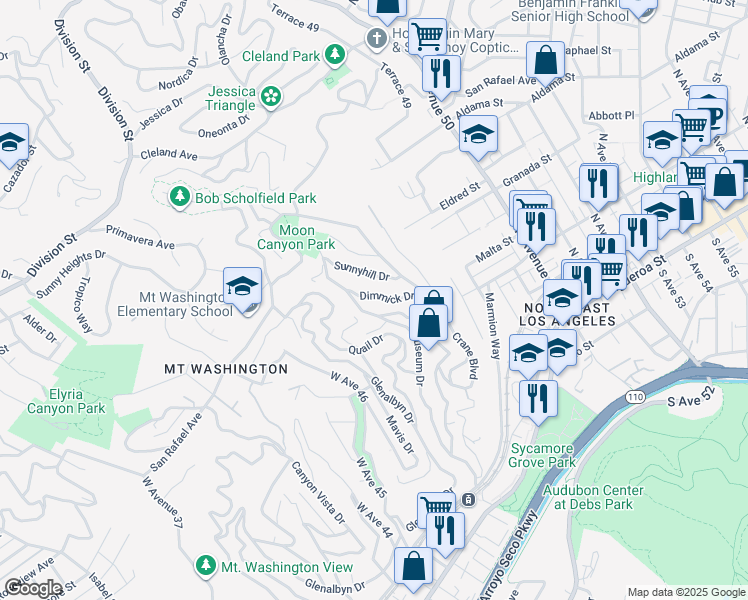 map of restaurants, bars, coffee shops, grocery stores, and more near 643 Dimmick Drive in Los Angeles