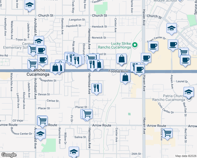 map of restaurants, bars, coffee shops, grocery stores, and more near 10164 Hampshire Street in Rancho Cucamonga