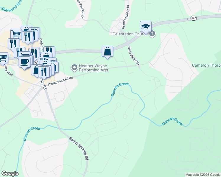 map of restaurants, bars, coffee shops, grocery stores, and more near 5433 Thompson Mill Road in Flowery Branch