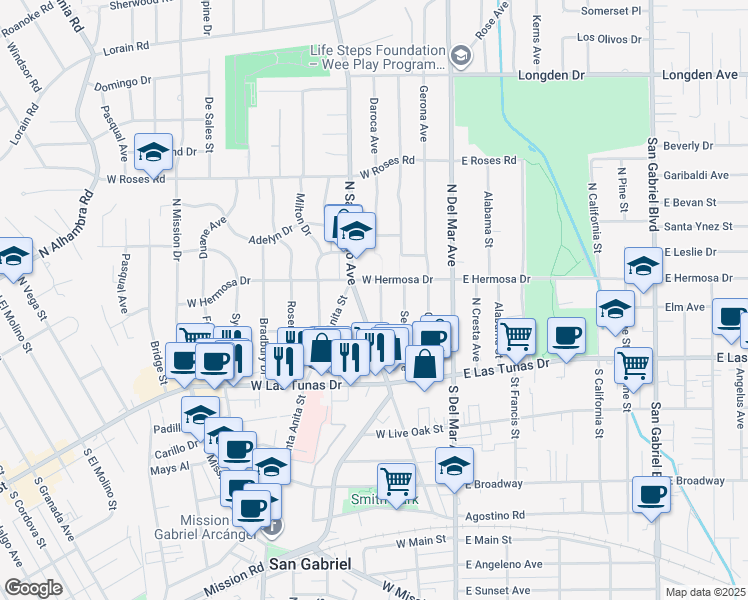 map of restaurants, bars, coffee shops, grocery stores, and more near 229 Daroca Avenue in San Gabriel