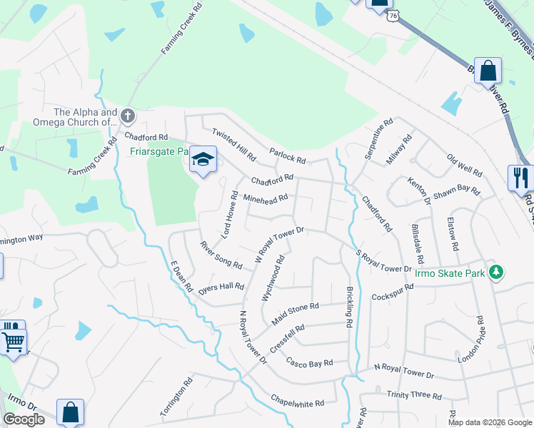 map of restaurants, bars, coffee shops, grocery stores, and more near 124 Weston Watch Road in Irmo