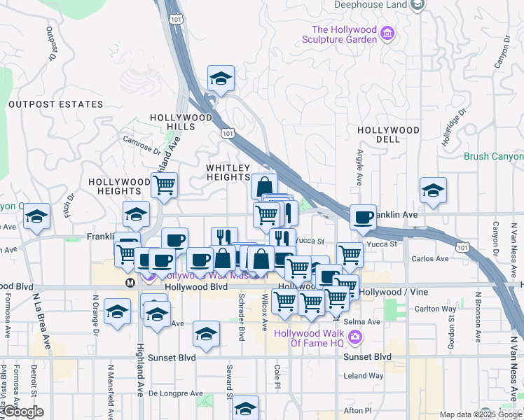 map of restaurants, bars, coffee shops, grocery stores, and more near 1900 Grace Avenue in Los Angeles