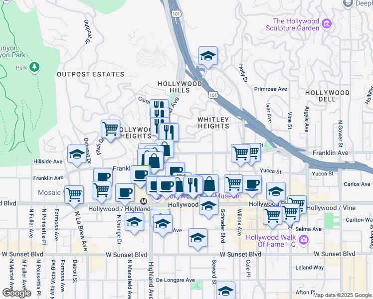 map of restaurants, bars, coffee shops, grocery stores, and more near 6665 Franklin Avenue in Los Angeles