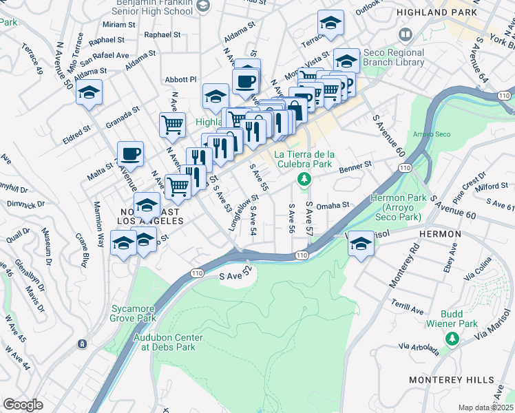 map of restaurants, bars, coffee shops, grocery stores, and more near 211 South Avenue 54 in Los Angeles