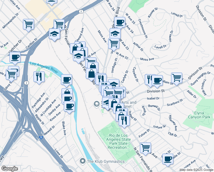 map of restaurants, bars, coffee shops, grocery stores, and more near 3006 Verdugo Road in Los Angeles