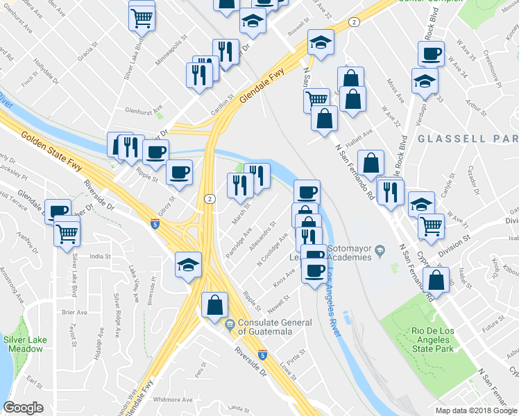 map of restaurants, bars, coffee shops, grocery stores, and more near 2921 Partridge Avenue in Los Angeles