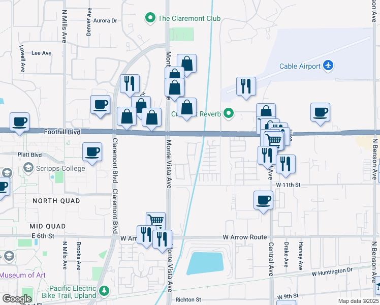 map of restaurants, bars, coffee shops, grocery stores, and more near 2327 Helen Avenue in Upland