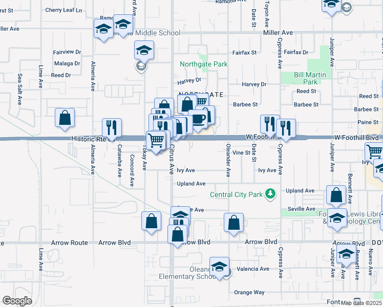 map of restaurants, bars, coffee shops, grocery stores, and more near 16171 Foothill Boulevard in Fontana