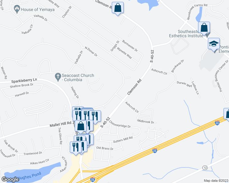 map of restaurants, bars, coffee shops, grocery stores, and more near 401 North Donar Drive in Columbia