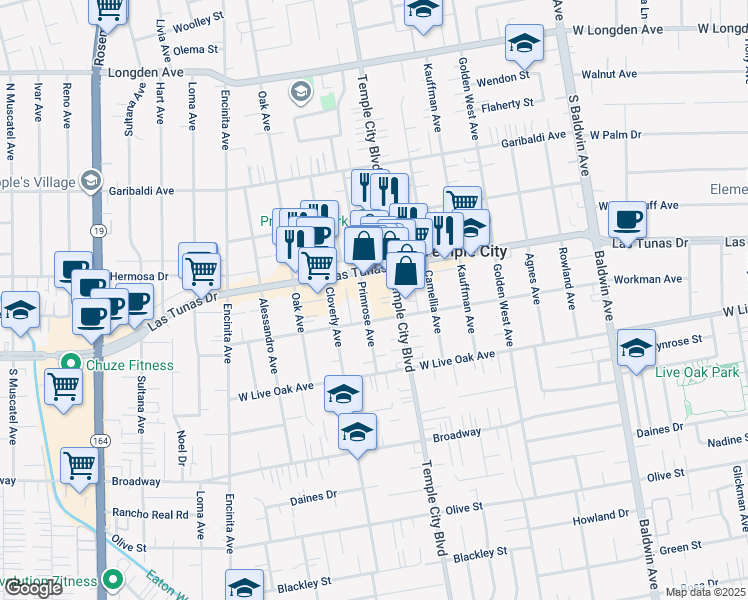 map of restaurants, bars, coffee shops, grocery stores, and more near 9574 Live Oak Avenue in Temple City