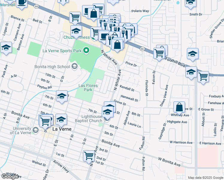 map of restaurants, bars, coffee shops, grocery stores, and more near 2941 North White Avenue in La Verne