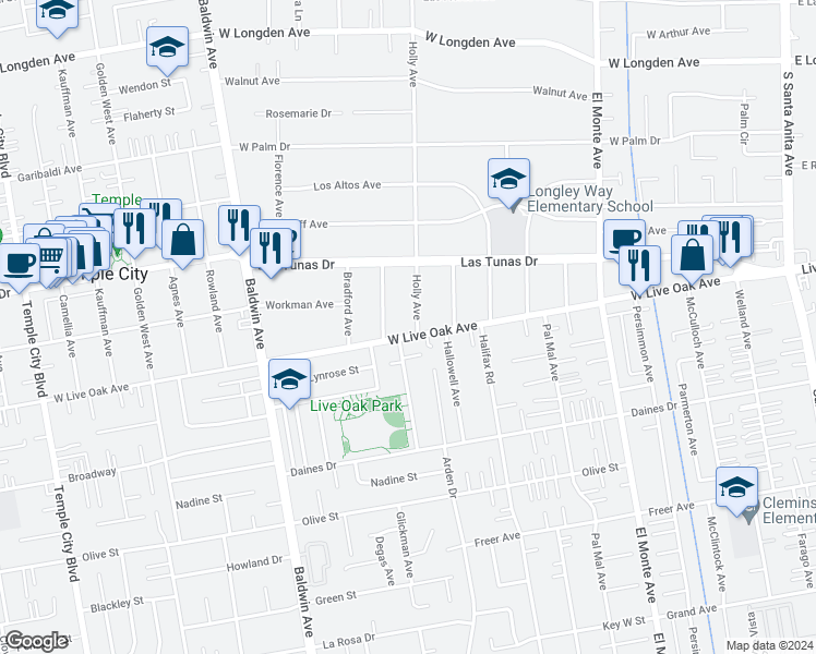 map of restaurants, bars, coffee shops, grocery stores, and more near 2821 Holly Avenue in Arcadia