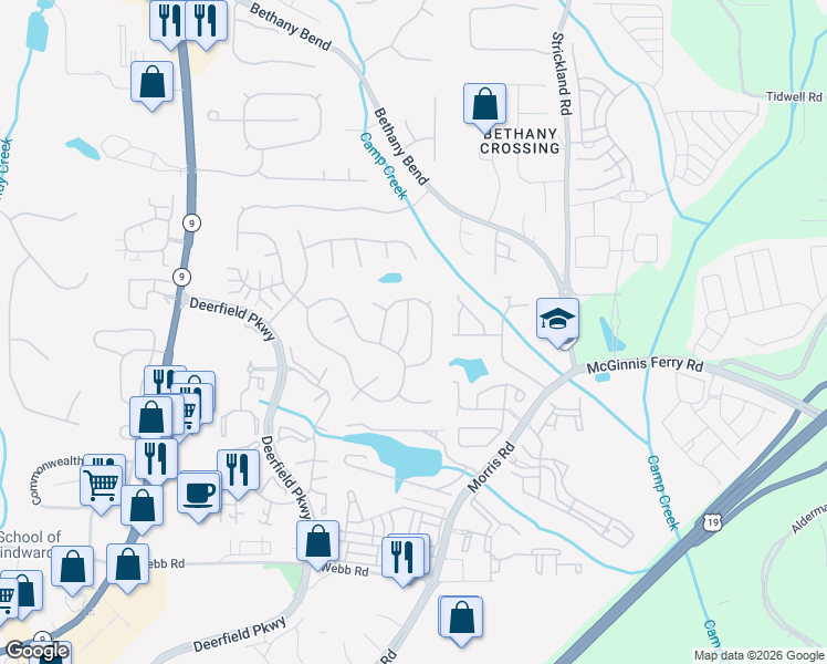 map of restaurants, bars, coffee shops, grocery stores, and more near 13361 Harpley Court in Alpharetta
