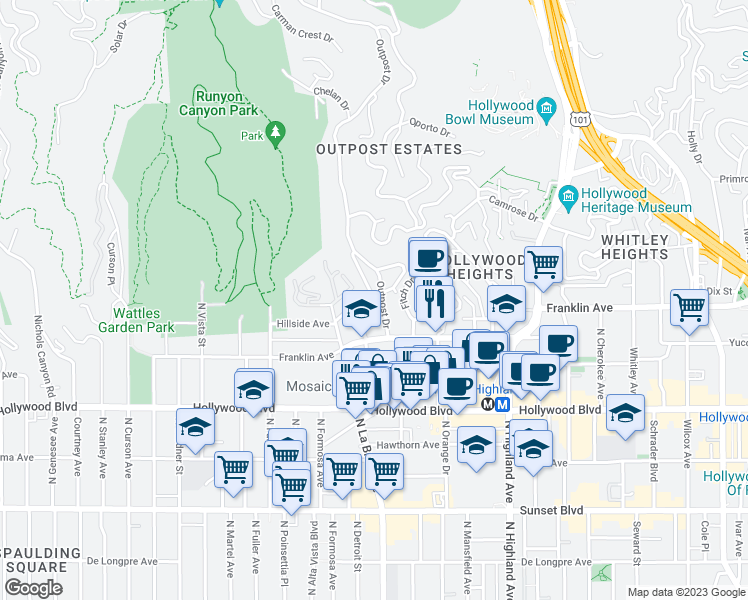 map of restaurants, bars, coffee shops, grocery stores, and more near 1851 Outpost Drive in Los Angeles
