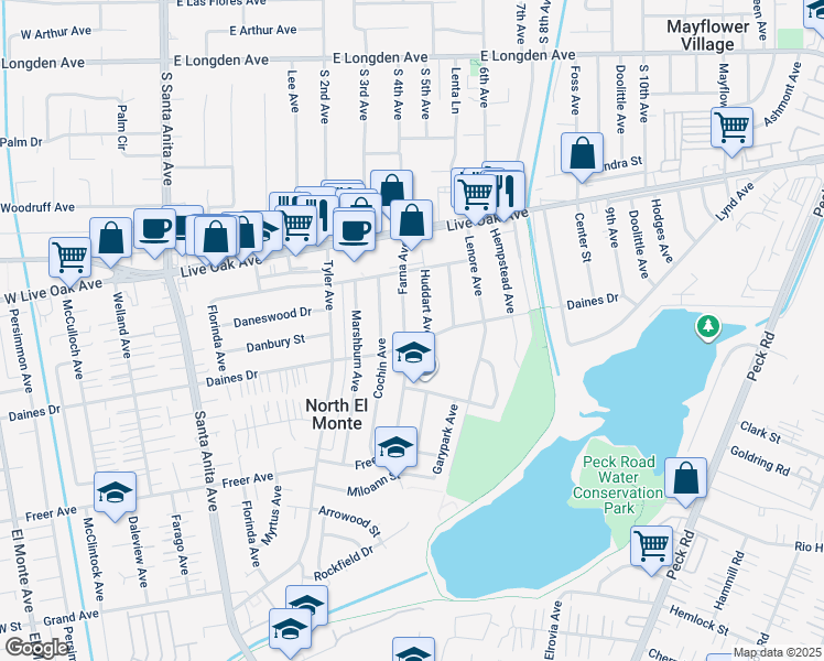 map of restaurants, bars, coffee shops, grocery stores, and more near 5516 Farna Avenue in Arcadia