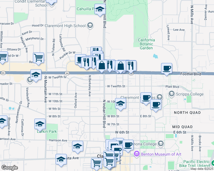 map of restaurants, bars, coffee shops, grocery stores, and more near 393 West 12th Street in Claremont