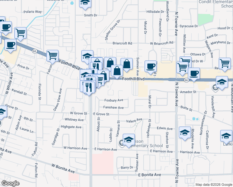 map of restaurants, bars, coffee shops, grocery stores, and more near 3239 Flaxton Street in Pomona