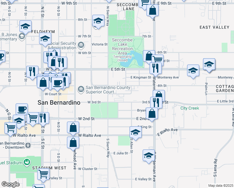map of restaurants, bars, coffee shops, grocery stores, and more near 149 East Court Street in San Bernardino