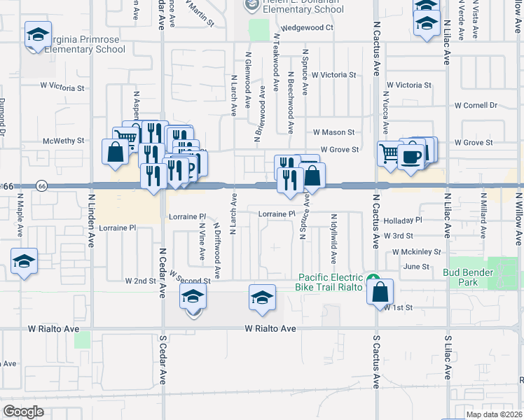 map of restaurants, bars, coffee shops, grocery stores, and more near 998 Lorraine Place in Rialto