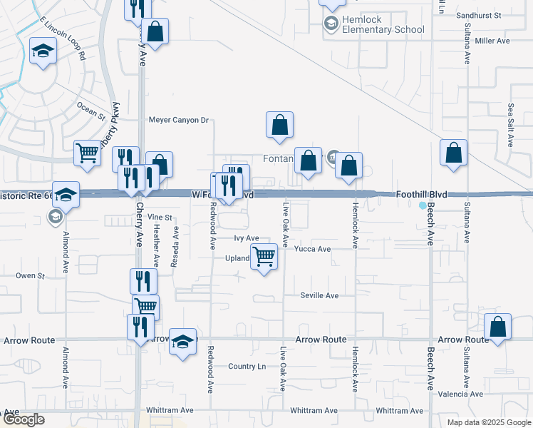 map of restaurants, bars, coffee shops, grocery stores, and more near 14817 Foothill Boulevard in Fontana