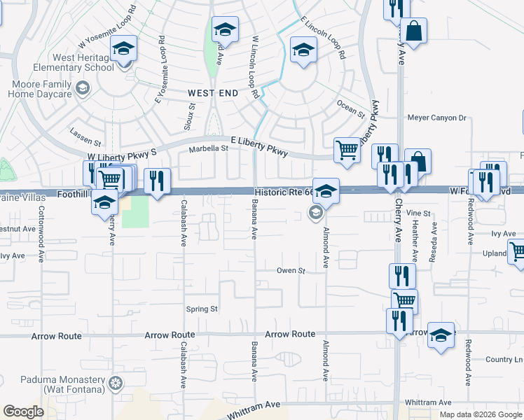 map of restaurants, bars, coffee shops, grocery stores, and more near 8155 Banana Avenue in Fontana