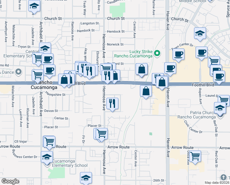 map of restaurants, bars, coffee shops, grocery stores, and more near 10152 Hampshire Street in Rancho Cucamonga