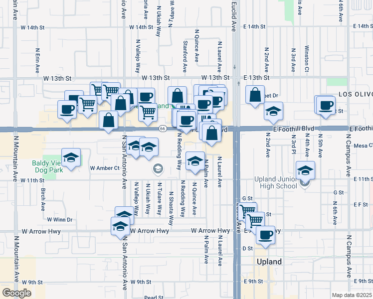 map of restaurants, bars, coffee shops, grocery stores, and more near 930 North Redding Way in Upland