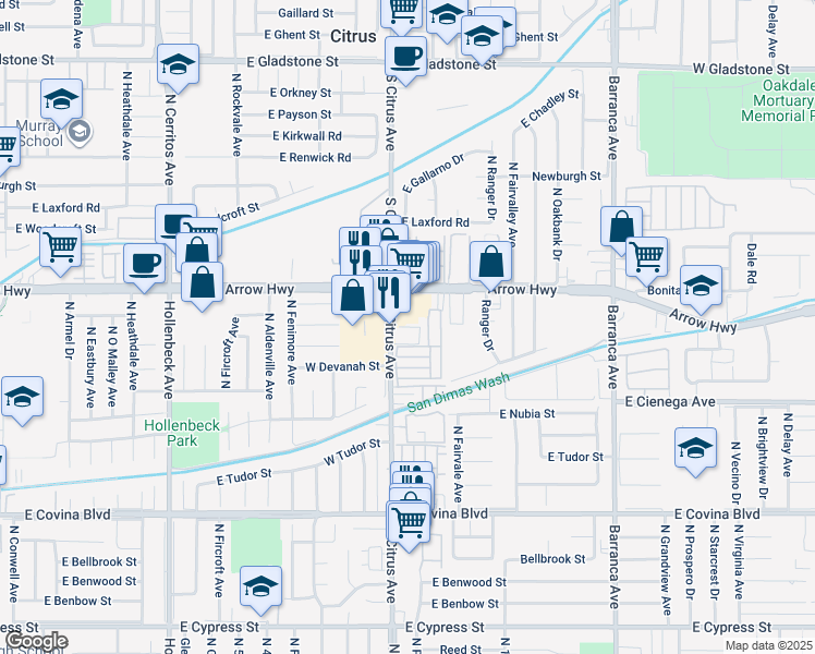 map of restaurants, bars, coffee shops, grocery stores, and more near 1430 North Citrus Avenue in Covina