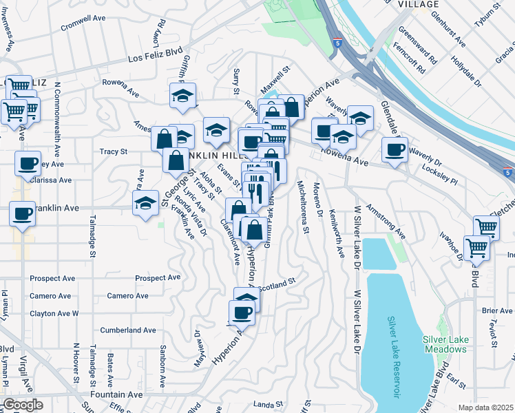 map of restaurants, bars, coffee shops, grocery stores, and more near 2624 Claremont Avenue in Los Angeles