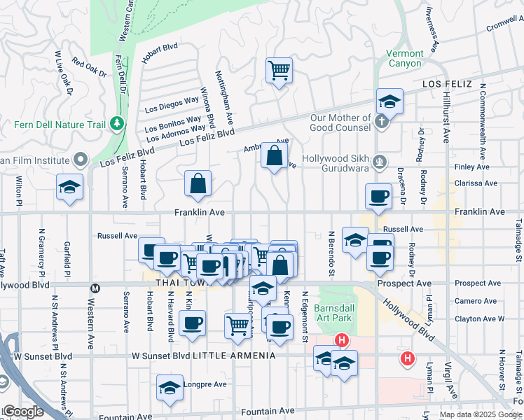 map of restaurants, bars, coffee shops, grocery stores, and more near 5021 Franklin Avenue in Los Angeles
