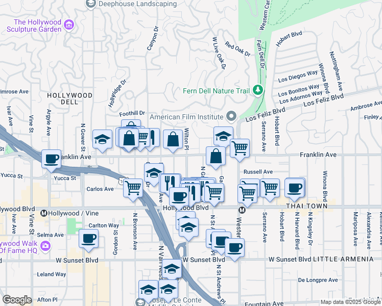 map of restaurants, bars, coffee shops, grocery stores, and more near 5101 Franklin Avenue in Los Angeles