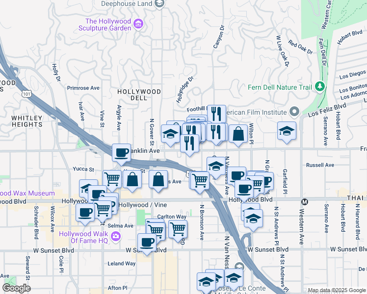 map of restaurants, bars, coffee shops, grocery stores, and more near 5973 Franklin Avenue in Los Angeles