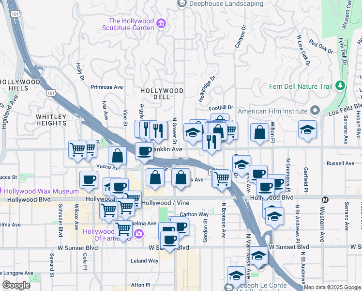 map of restaurants, bars, coffee shops, grocery stores, and more near in Los Angeles