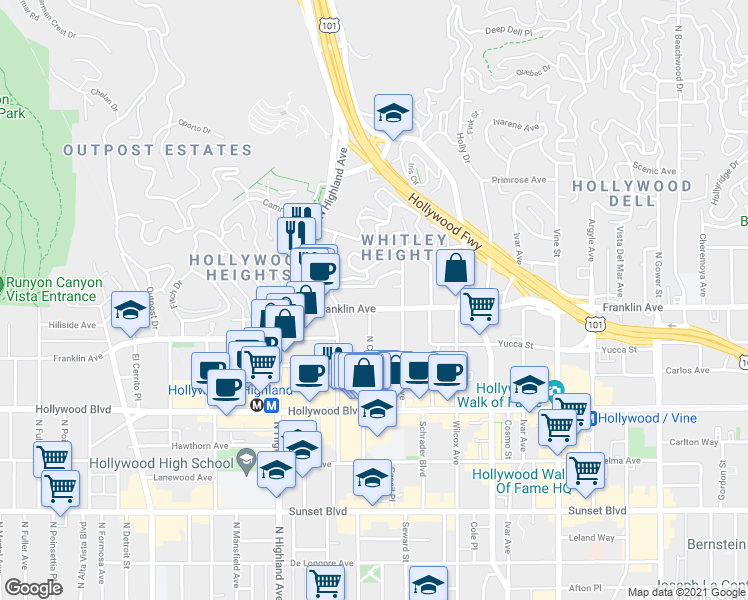map of restaurants, bars, coffee shops, grocery stores, and more near 6651 Franklin Avenue in Los Angeles