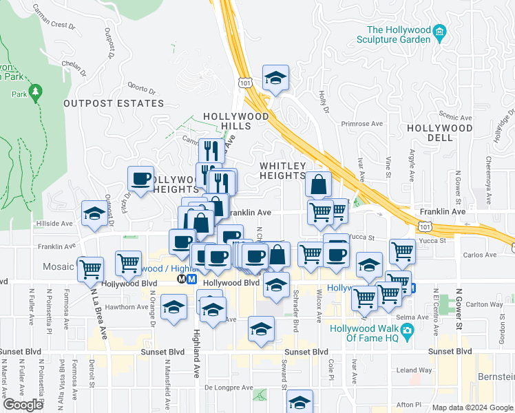 map of restaurants, bars, coffee shops, grocery stores, and more near 6651 Franklin Avenue in Los Angeles