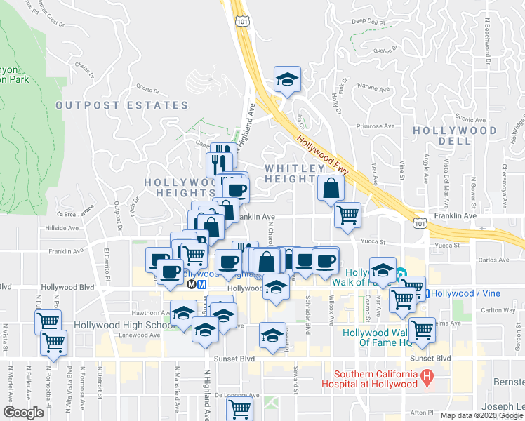 map of restaurants, bars, coffee shops, grocery stores, and more near 6651 Franklin Avenue in Los Angeles
