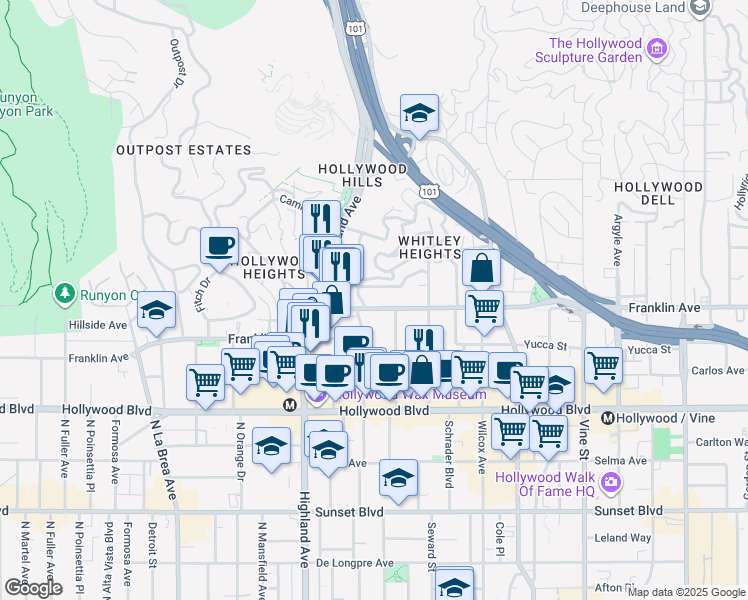 map of restaurants, bars, coffee shops, grocery stores, and more near 6651 Franklin Avenue in Los Angeles