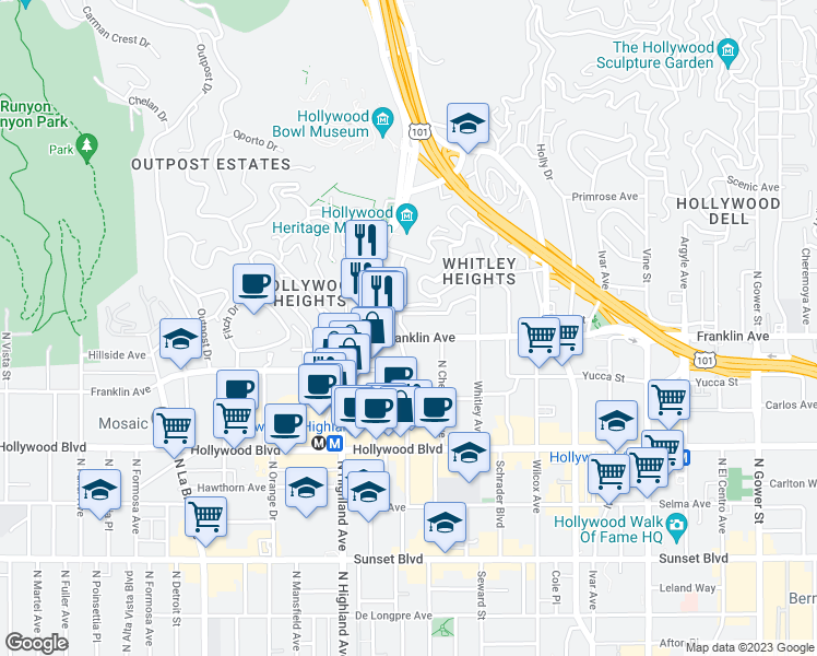 map of restaurants, bars, coffee shops, grocery stores, and more near 1909 1/2 North Las Palmas Avenue in Los Angeles