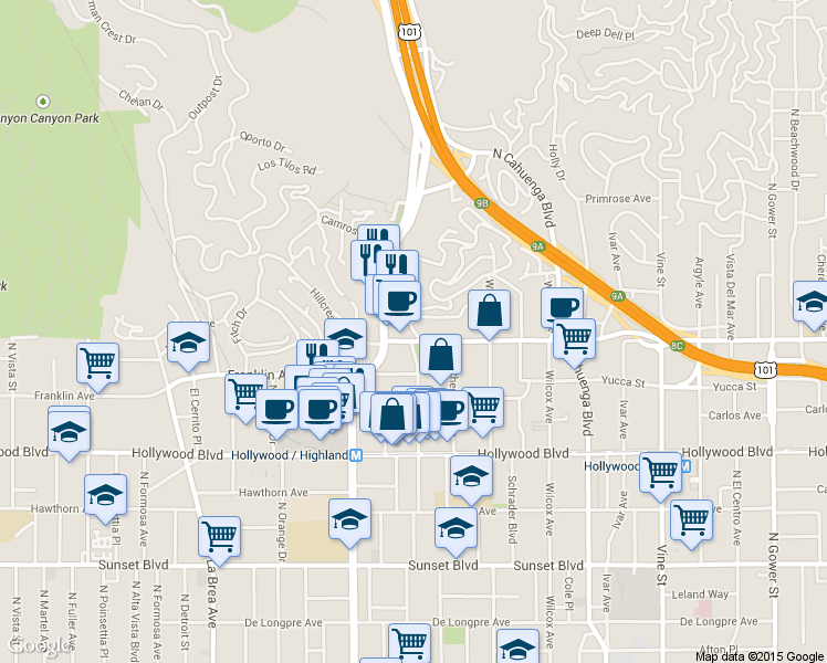map of restaurants, bars, coffee shops, grocery stores, and more near 1909 1/2 North Las Palmas Avenue in Los Angeles