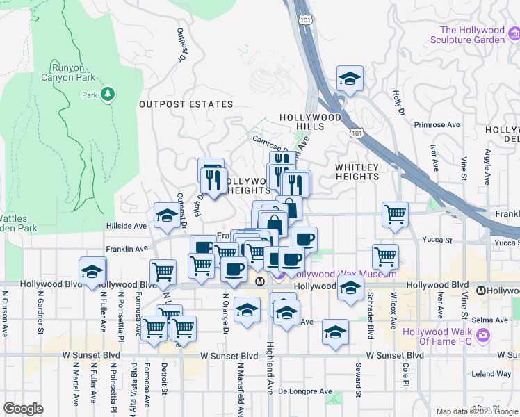 map of restaurants, bars, coffee shops, grocery stores, and more near 1925 Hillcrest Road in Los Angeles