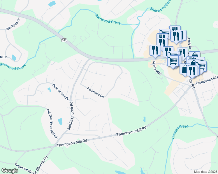 map of restaurants, bars, coffee shops, grocery stores, and more near 3137 Perimeter Circle in Buford