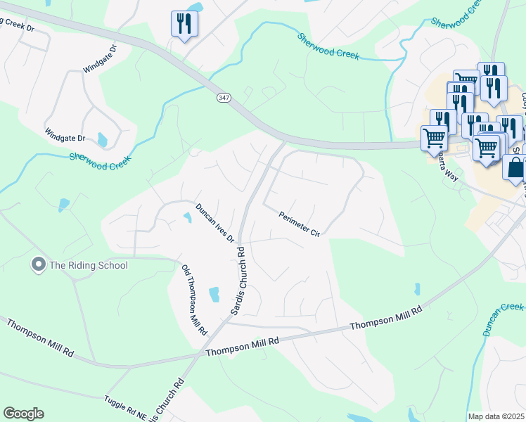 map of restaurants, bars, coffee shops, grocery stores, and more near 2952 Perimeter Circle in Buford