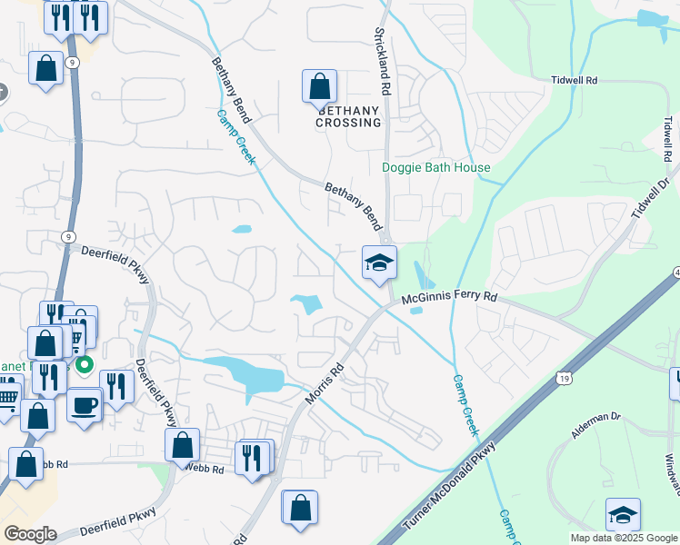 map of restaurants, bars, coffee shops, grocery stores, and more near 13333 Flamingo Road in Alpharetta