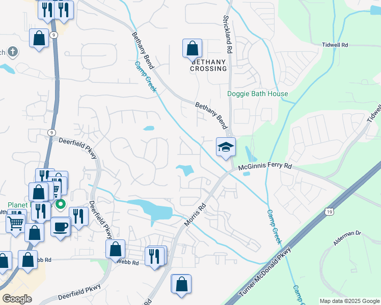 map of restaurants, bars, coffee shops, grocery stores, and more near 3522 Peacock Road in Alpharetta