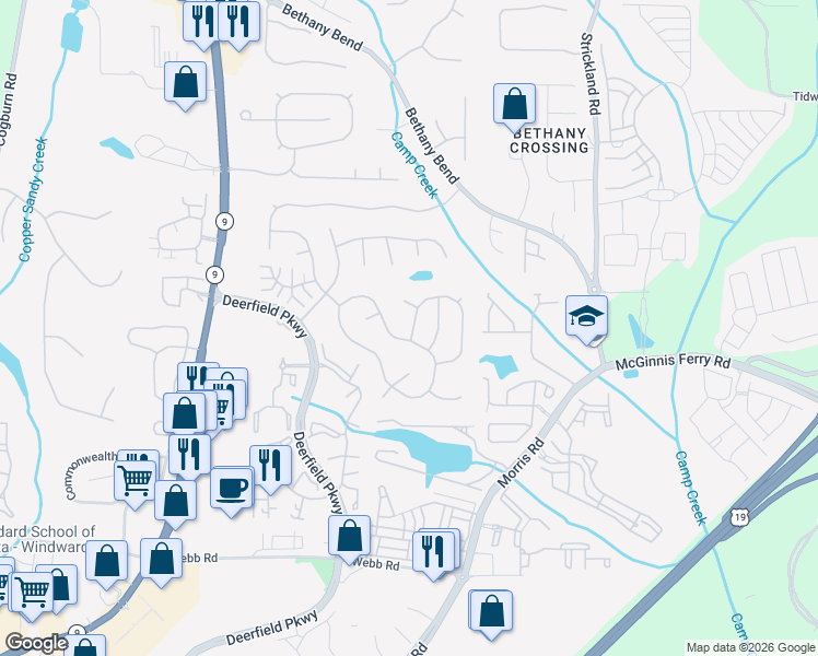 map of restaurants, bars, coffee shops, grocery stores, and more near 13342 Harpley Court in Alpharetta