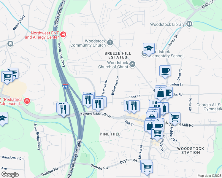 map of restaurants, bars, coffee shops, grocery stores, and more near 111 Robinhood Drive in Woodstock