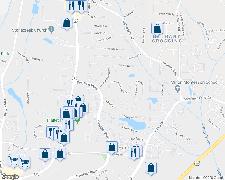 map of restaurants, bars, coffee shops, grocery stores, and more near 3791 Avensong Village Circle in Alpharetta